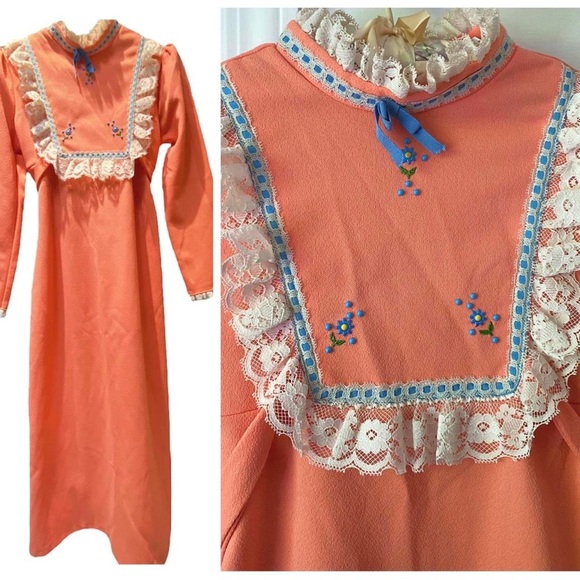1960s Vintage Orange Dolly Maxi Dress with Lace Trim, Beaded Flower 🌼 XXS - Picture 3 of 5